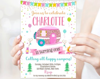 Camp Birthday Invitation - Glamp Party Invite - Digital Template - Instant download card - Camping Glamping for girl (20-32)