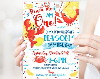 Editable Crawfish boil Birthday invitation - Pinch me I am one First Party invite - 1st Birthday Instant download template digital (22-18)