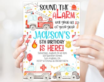 First Responders Birthday Party Invitation - Calling All Units, Emergency Vehicles Invite - Boy Fire Truck, Ambulance, Police, Rescue 22-50)