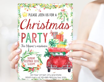 May include: A rectangular Christmas party invitation card featuring a watercolor illustration of a red car carrying gift boxes on its roof. The text reads: PLEASE JOIN US FOR A Christmas PARTY, The Mason's residence, SUNDAY DECEMBER 25TH 5:00PM.