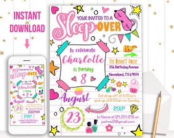 Editable Sleepover Party Invitation - Slumber Birthday Invite - Instant download template for girl - Digital Custom Personalized  (22-26)