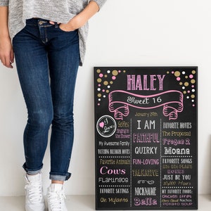 Op de afbeelding: Een zwart omrand schoolbord met roze en gouden accenten. Het bord zegt "Haley Sweet 16" en geeft favoriete dingen weer. Het bord staat naast een persoon die een spijkerbroek en witte sneakers draagt.