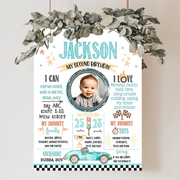 Race Car Two fast Birthday Milestone sign with photo - 1st Party racing card chalk board poster 1039