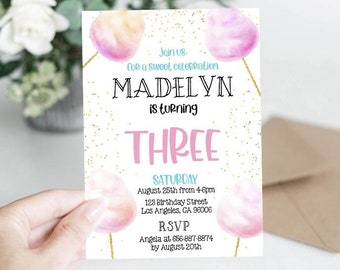 Editable Cotton Candy Birthday Party invitation - Instant download template digital (22-15)