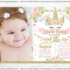 Printable Unicorn first birthday party invitation - invites for a girl with photo picture floral flowers gold pink horn 1st 2nd (2018-3)