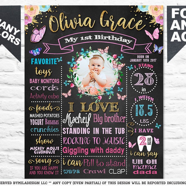 Butterfly First Birthday chalkboard sign - Butterflies Party chalk board poster banner milestone for girl with photo picture -PRINTABLE 517