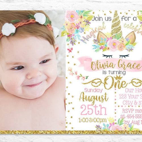 Printable Unicorn First Birthday Party Invitation Invites Etsy