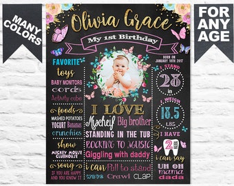 Butterfly First Birthday chalkboard sign - Butterflies Party chalk board poster banner milestone for girl with photo picture -PRINTABLE 517