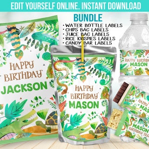 May include: A collection of birthday party items with a jungle theme, including labels for water bottles, crisps, juice bags, rice krispies, and candy bars. The design features reptiles, foliage, and the text "Happy Birthday Jackson" and "Happy Birthday Mason".