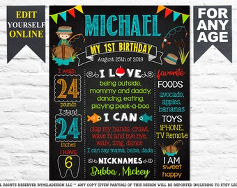 Gone Fishing Fish First Birthday chalkboard sign - 1st party chalk board poster banner milestone template fisherman (771)