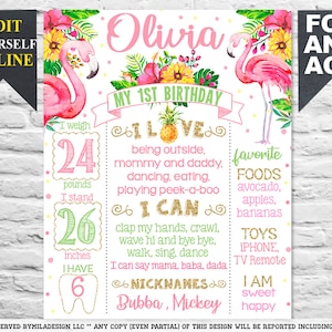 Summer Flamingo Pineapple First Birthday Party chalkboard sign - 1st party chalk board poster banner milestone template (935)