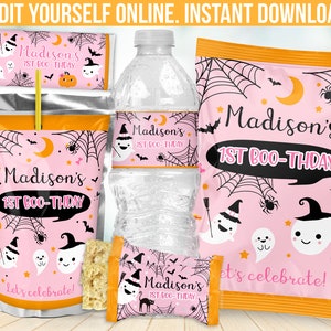 May include: A collection of Halloween-themed party supplies, including a juice pouch, water bottle, snack bag, and candy bar wrapper. The pink designs feature ghosts, bats, spiders, and the text "Madison's 1st BOO-THDAY". The phrase "Let's celebrate!" is also included.