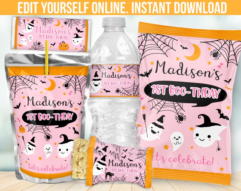 May include: A collection of Halloween-themed party supplies, including a juice pouch, water bottle, snack bag, and candy bar wrapper. The pink designs feature ghosts, bats, spiders, and the text "Madison's 1st BOO-THDAY". The phrase "Let's celebrate!" is also included.
