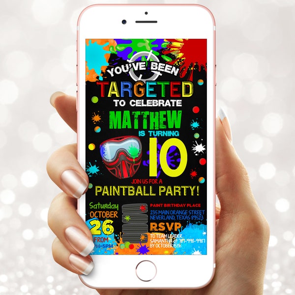 Digital Paintball Birthday party invitation - Electronic Paintball e  invite - Instant download template mobile (22-25evite)