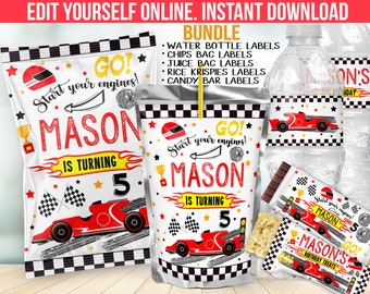 Peut inclure: Etiquettes imprimables modifiables pour une fête d'anniversaire sur le thème des voitures de course. Les étiquettes présentent une voiture de course rouge, des drapeaux à damier et le texte "Go! Start your engines! Mason is turning 5".