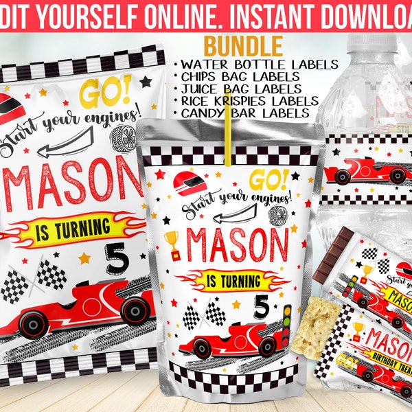 Race car Birthday Party Decorations - Racing party favors - digital two fast chip bag template bundle - Water bottle - Candy bar - Juice B51