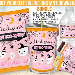 May include: A pink Halloween-themed party bundle featuring labels for water bottles, chips bags, juice bags, Rice Krispies, and candy bars. The designs include ghosts, spiders, and the text "Madison's 1st Boo-thday". The words "Let's celebrate!" are also included.