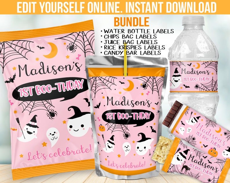 May include: A pink Halloween-themed party bundle featuring labels for water bottles, chips bags, juice bags, Rice Krispies, and candy bars. The designs include ghosts, spiders, and the text "Madison's 1st Boo-thday". The words "Let's celebrate!" are also included.