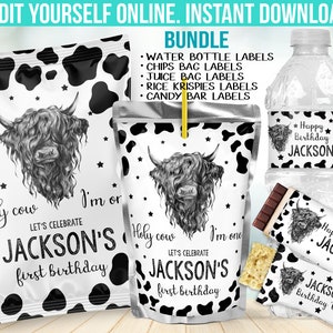 Highland Cow Birthday Party Decor Pack - Chip Bag First Birthday boy favors decorations  - Editable Template download B82