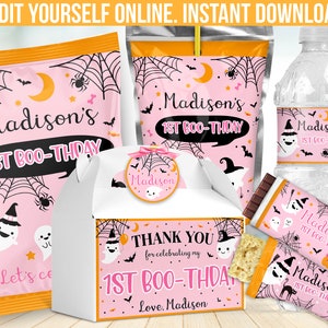 May include: A collection of pink Halloween-themed party supplies, including snack bags, water bottle labels, candy bar wrappers, and a gift box. The designs feature ghosts, spiderwebs, bats, and the text "Madison's 1st Boo-thday."