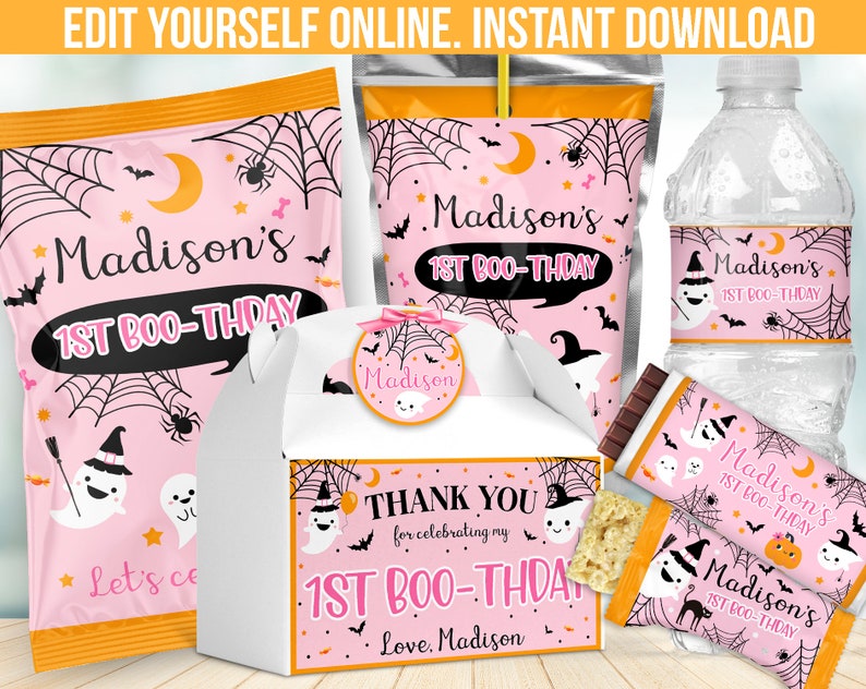 May include: A collection of pink Halloween-themed party supplies, including snack bags, water bottle labels, candy bar wrappers, and a gift box. The designs feature ghosts, spiderwebs, bats, and the text "Madison's 1st Boo-thday."