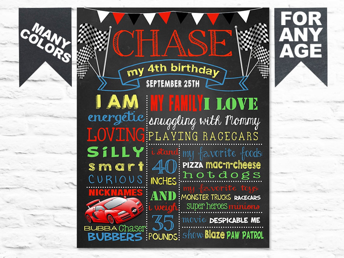 Race Car Chalkboard Sign Printable Boy Birthday Chalk Board - Etsy