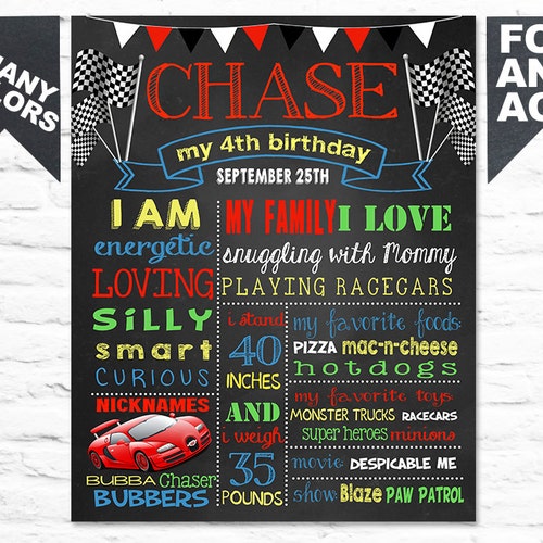 Race Car Chalkboard Sign Printable Boy Birthday Chalk Board | Etsy