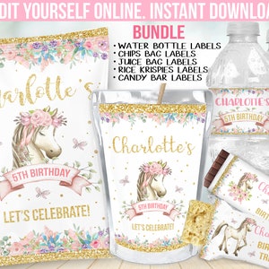 Editable Horse Pony Party Decor - Cowgirl Birthday Decorations - Chip bag label - Juice Labels - Candy Bar Wrapper Water Bottle Edit Kit B4
