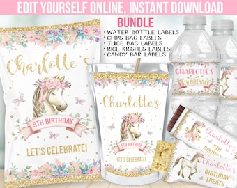 May include: A collection of party supplies with a unicorn theme. Includes water bottle labels, chip bag labels, juice bag labels, Rice Krispies labels, and candy bar labels. The text reads "Charlotte's 5th Birthday" and "Let's Celebrate!"