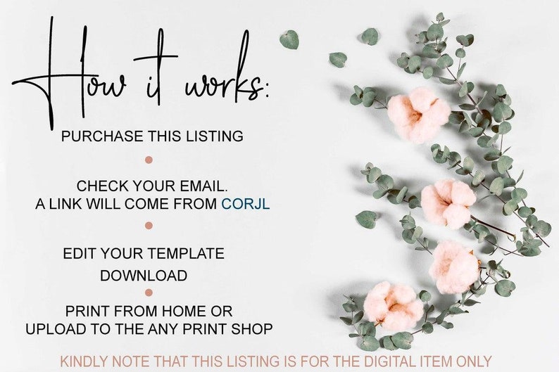 May include: White background with text that reads "How it works: Purchase this listing, Check your email, Edit your template, Download, Print from home or upload to the any print shop." Pink flowers and green leaves are also present.