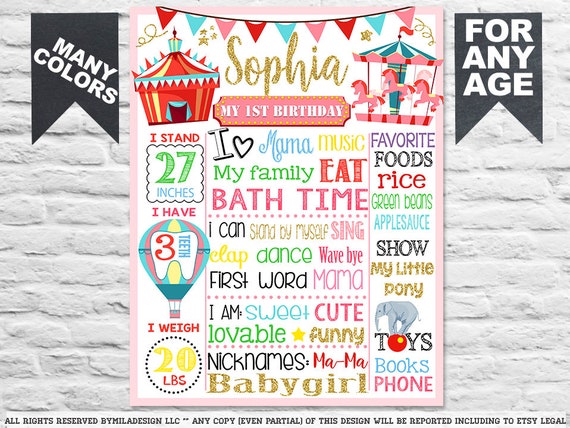 Circus Carnival Carousel First Birthday white chalk board sign - 1st party chalkboard poster banner milestone for a girl - PRINTABLE (494)