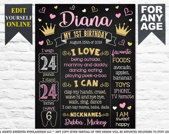 Princess Crown First Birthday chalkboard sign - 1st party chalk board poster banner milestone template supplies favors (792)