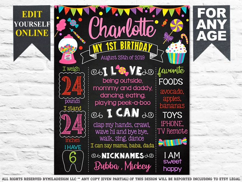 1st party chalk board poster banner milestone template supplies favors 728 Candyland Candy Candies First Birthday chalkboard sign