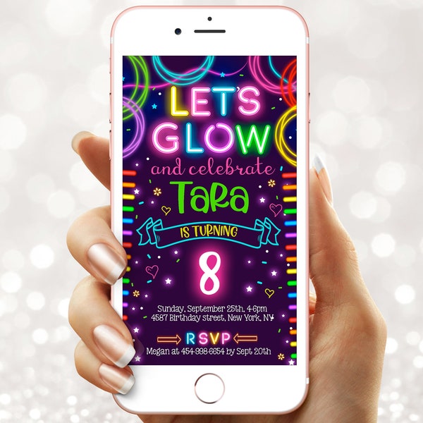 Digital Glow Birthday party invitation - Electronic Glow in the dark party e  invite - Instant download template mobile (22-06)