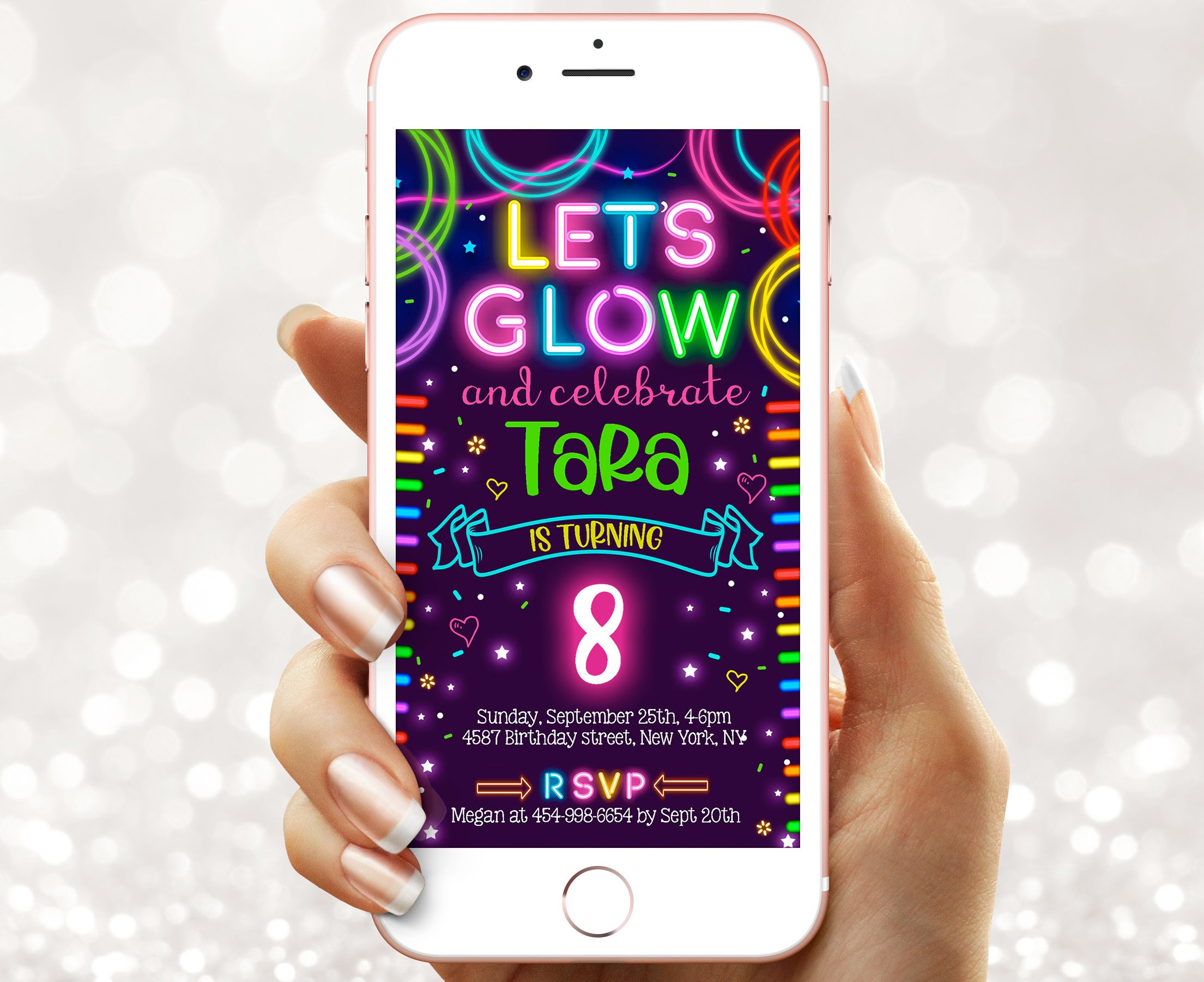 Digital Glow Birthday party invitation Electronic Glow in the dark party e invite Instant download template mobile 2206