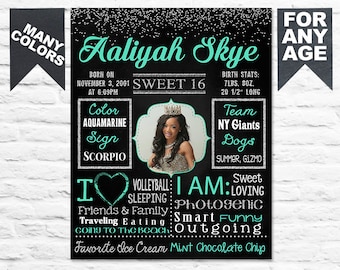Printable Sweet 16 birthday party chalkboard sign - Sixteen birthday chalk board poster banner milestone with photo quinceanera (401)