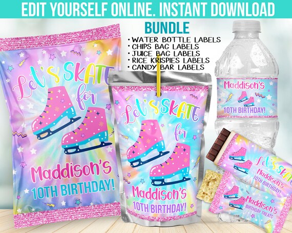 Ice Skating Birthday Party Favors - Ice Skate Theme Chipn Bag Supplies  Label - Water Bottle Sticker - Instant Download Template B96 - Etsy