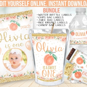 Peach First Birthday Party Decor -  Girl 1st Chip bag label favors - Candy Bar wrapper - Juice Label - Water Bottle sticker - Gable box B10