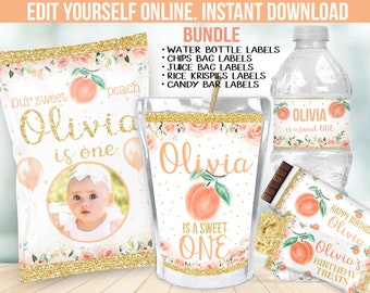 Peach First Birthday Party Decor -  Girl 1st Chip bag label favors - Candy Bar wrapper - Juice Label - Water Bottle sticker - Gable box B10