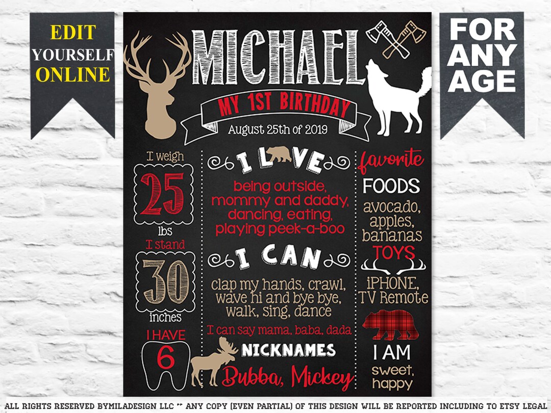 Lumberjack First Birthday Chalkboard Sign 1st Party Chalk Etsy