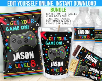 Video game party decoration - Gamer Birthday Chip bag label favor - gaming Juice Label - game on Water Bottle sticker B5
