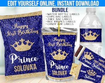 Prince Royal Celebration Birthday Party Decor -  Template Chip bag label favors - Chocolate  Juice decoration - Water Bottle sticker B42