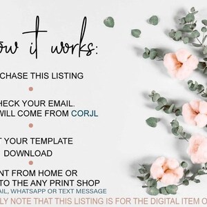 May include: White background with text reading "How it works: Purchase this listing, Check your email, Edit your template, Download, Print from home or upload to the any print shop." Pink flowers and green leaves are arranged on the right.