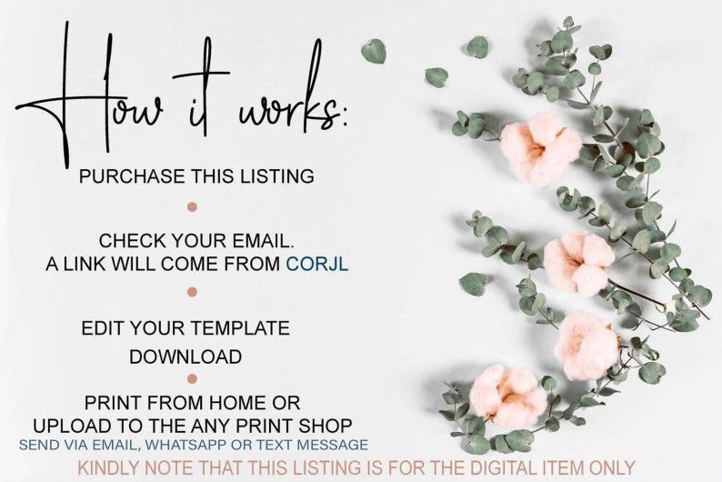 May include: White background with text reading "How it works: Purchase this listing, Check your email, Edit your template, Download, Print from home or upload to the any print shop." Pink flowers and green leaves are arranged on the right.
