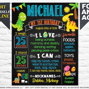 Dinosaur First Birthday chalkboard sign - 1st party chalk board poster milestone - Instant Download Template (670)