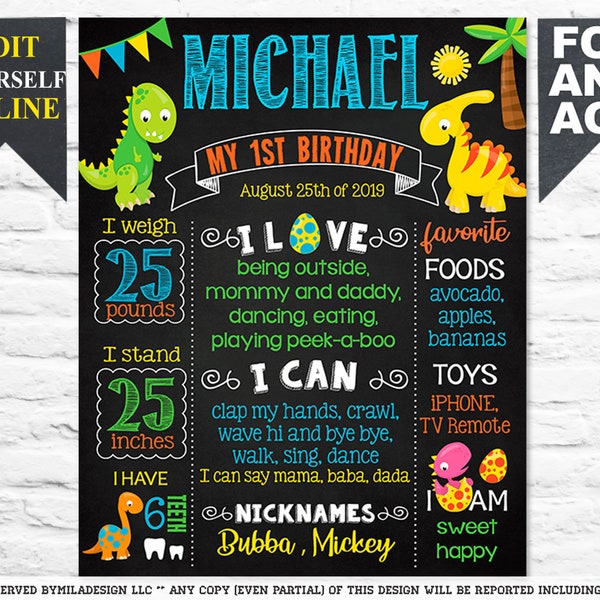 Dinosaur First Birthday chalkboard sign - 1st party chalk board poster milestone - Instant Download Template (670)