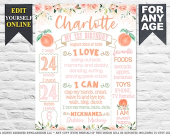 Peach First Birthday chalkboard sign - Sweet as a peach 1st party chalk board poster milestone template (989)