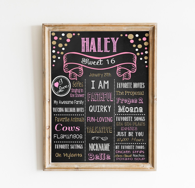 Op de afbeelding: Een ingelijst schoolbord-achtig bord met de naam "HALEY" en "Sweet 16" in roze letters. Het bord bevat verschillende feiten over Haley, zoals haar favoriete films, eten en bijnaam, "Belle". Gouden en roze confetti stippen versieren de bovenkant.