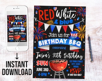 Printable labor day, 4th of July Birthday BBQ Patriotic invitation - editable template (20-02)