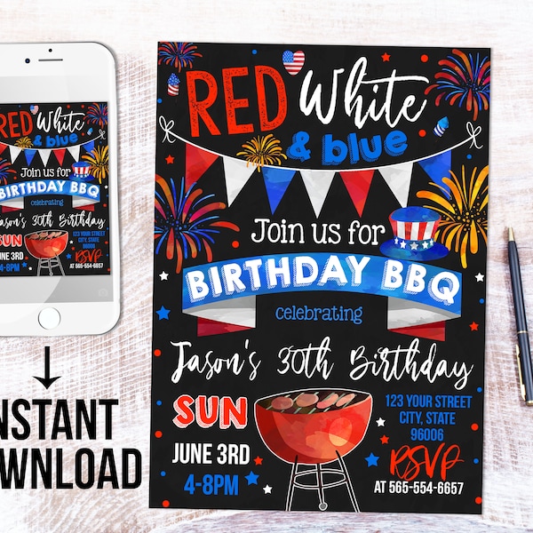 Printable labor day, 4th of July Birthday BBQ Patriotic invitation - editable template (20-02)